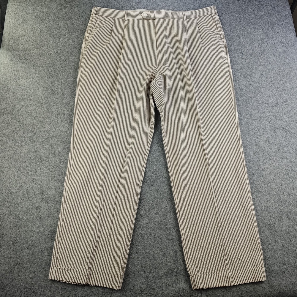 Paul Fredrick Seersucker Pants Mens 42x30 Brown Striped Cuffed Pleated